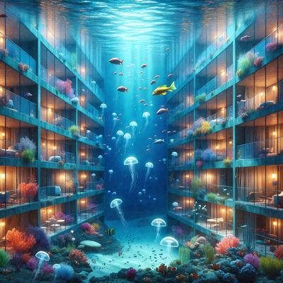 The primary subject of the image is a large, colorful aquarium filled with various sea creatures, including fish and jellyfish. The setting is an underwater environment, with the aquarium being the main focus of the scene. The visual style is a digital art or illustration, creating a vibrant and lively atmosphere. The dominant colors are blue, green, and orange, which contribute to the overall mood of the image.